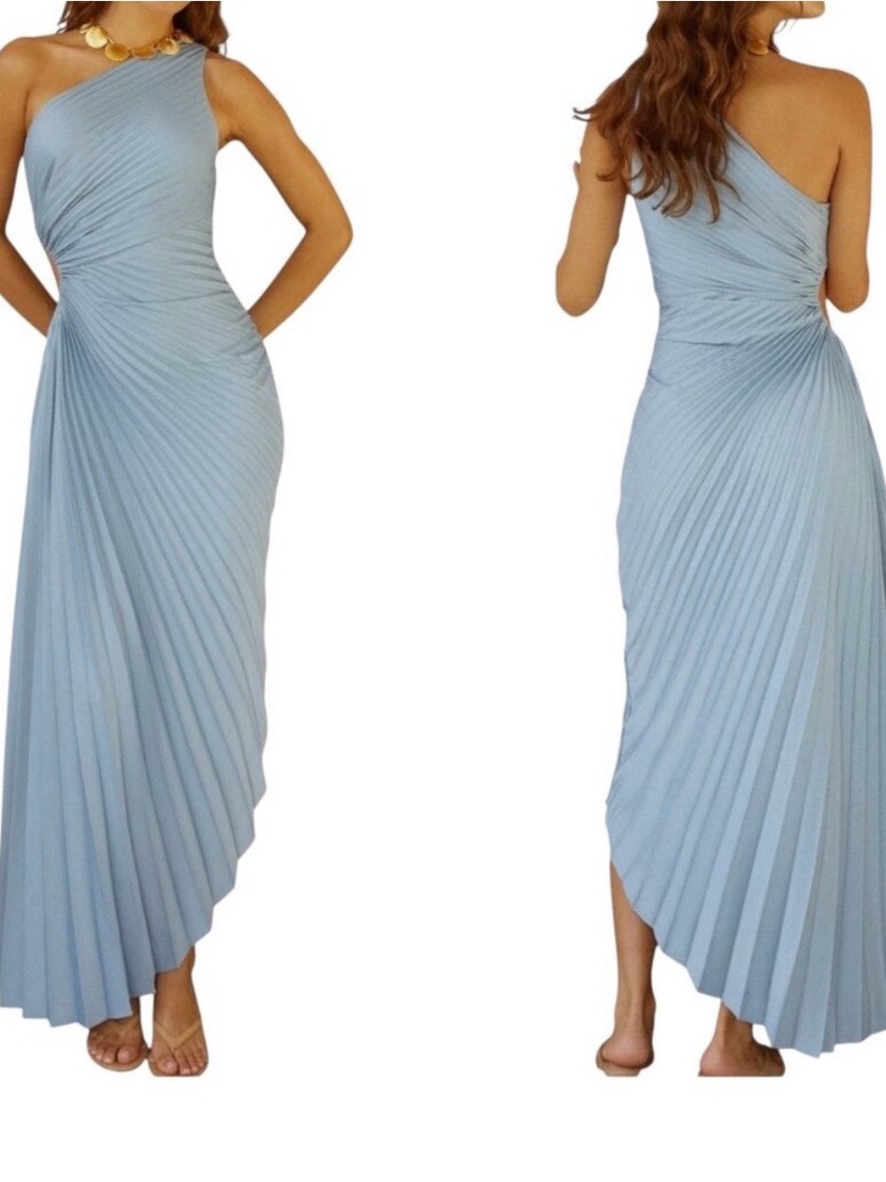 NWT O.P.T. One Pretty Time Perko Pleated One Shoulder Maxi Dress in light blue L